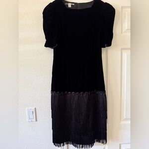 Vintage Designer Cocktail Special Event Dress, size 9/10, black velvet w/fringe